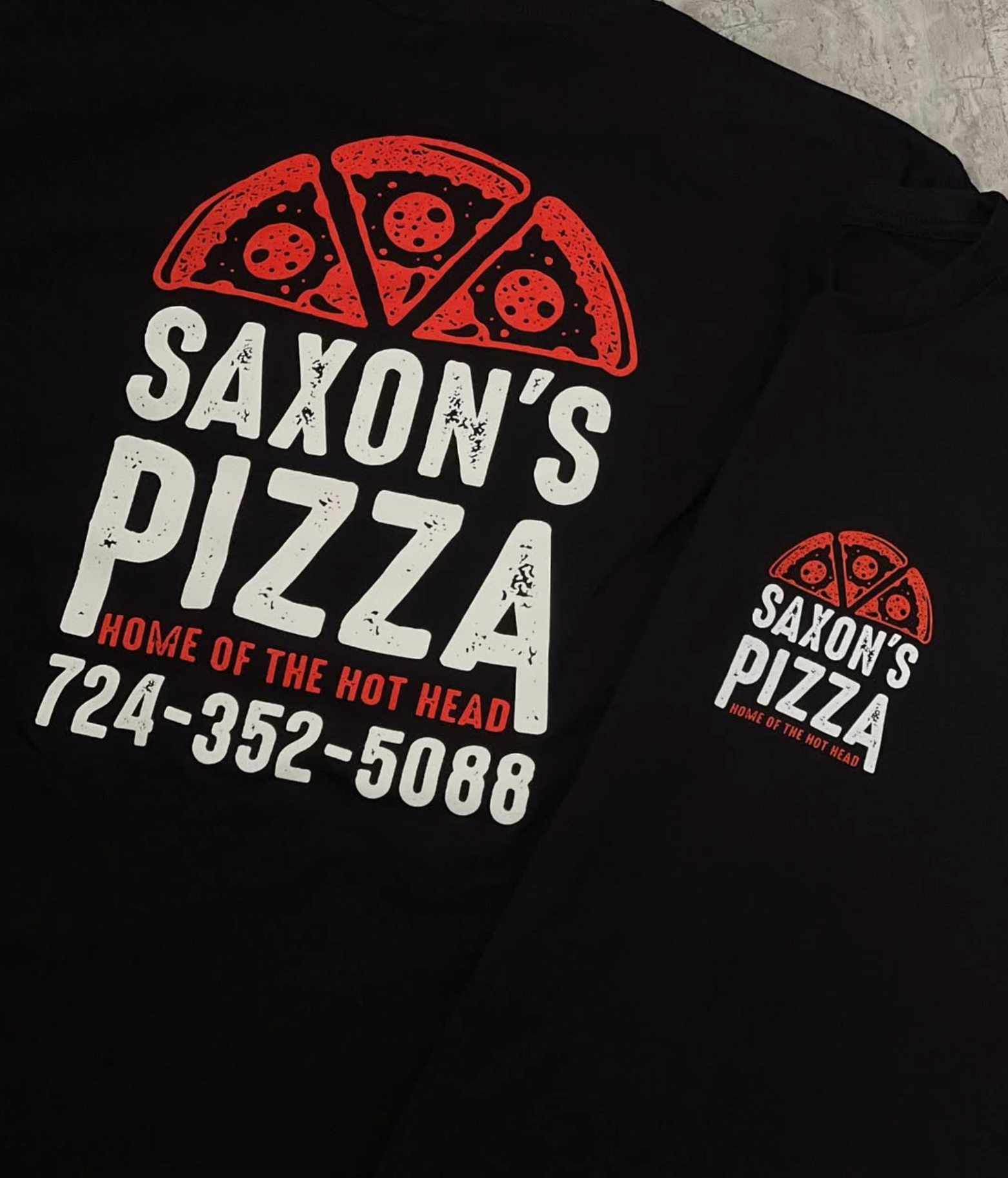 Saxon’s Pizza shirts with red and white front and back prints