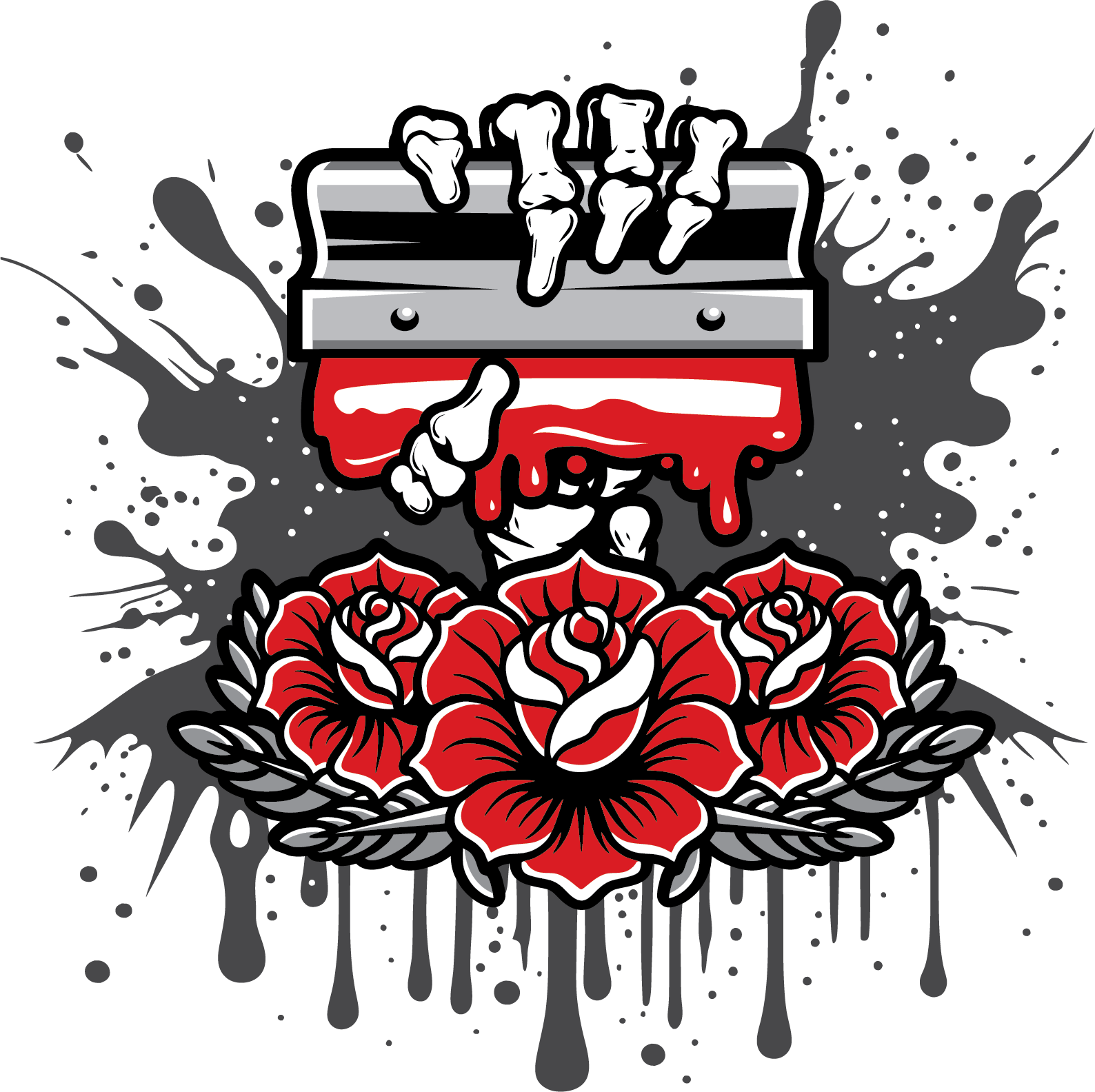 Skeleton hands holding a screen printing squeegee above red roses
